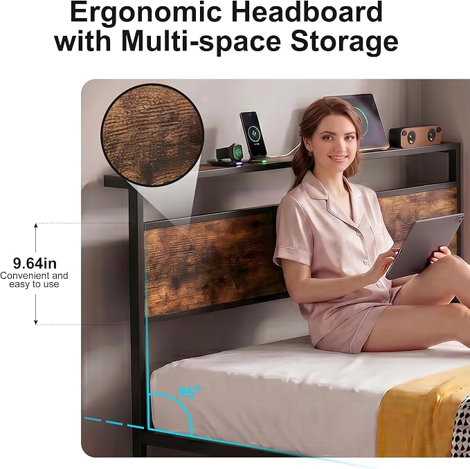 Queen Bed Frame with 2 Drawers and Storage Headboard, Metal Platform with LED Lights and Charging Station, No Box Spring Needed, Noise Free, Easy Assembly