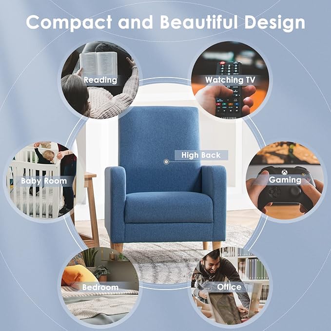 COLAMY Mid-Century Modern Upholstered Accent Chair with Back Pillow & Solid Wood Legs, Fabric Cozy Armchair for Living Room, Bedroom, Reading Nook, Apartment & Small Spaces, Blue