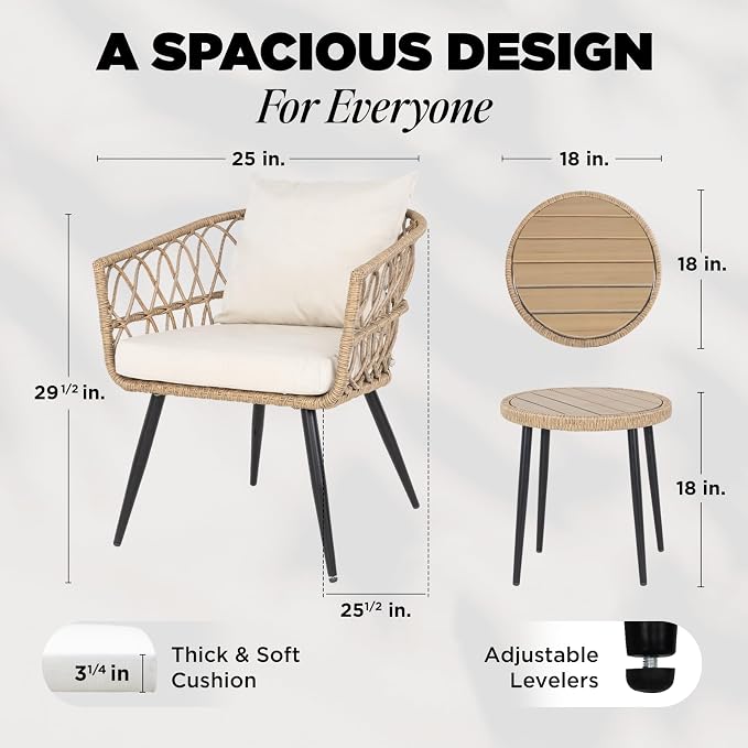 Idzo Heavy Duty 500lbs Weight Capacity Wicker Bistro Table and Chairs Set of 2 with Premium Olefin Fabric Soft Cushions