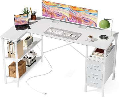 DUMOS L Shaped Desk with Shelf Drawers 55 Inch, White Corner Computer Desks Gaming with Power Outlet, Study Table with Adjustable Shelves, Home Office Tables for Bedroom Teacher Reading Writing