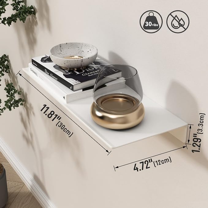Danpoo 12 inch White Metal Wall Shelf Small Floating Shelf for Wall Organizer & Storage, Display Shelf for Bathroom, Living Room, Kitchen, Bedroom