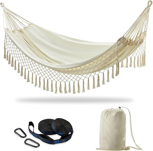 CHULIM Brazilian Double Hammock with Tree Straps,Extra Large 94x63IN,2 Persons Hammock for Backyard Patio Outdoor Indoor,450lbs Weight Capacity,Soft Woven Cotton Fabric - Natrual White with Tassels