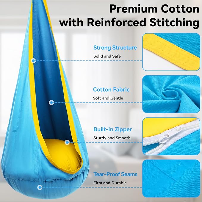 Y-STOP Kids Pod Swing Seat, Hanging Hammock Chair with Inflatable Pillow, Sensory Swing Chair with Pocket for Indoor and Outdoor (Blue Yellow)