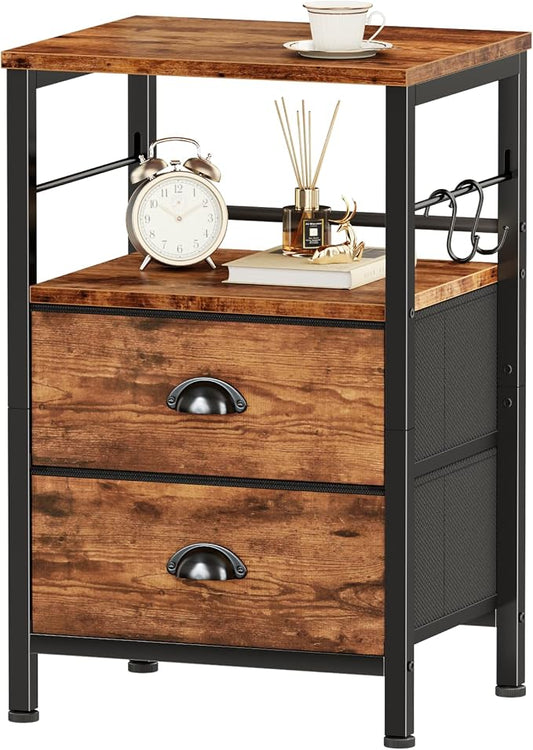 Furologee Nightstand with 2 Fabric Drawers, Night Stand with 2-Tier Shelf, Bedside Table with Hooks, Open Wooden Shelf, End Table for Bedroom, Backboard Design, Metal Frame, Rustic Brown