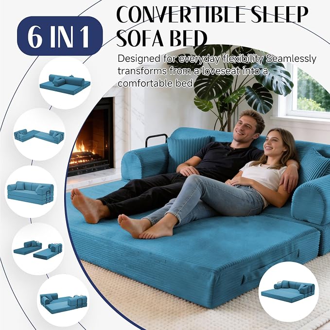 79'' Convertible Sofa Bed, 6 in 1 Folding Floor Futon Couch Sleeper with Fixed Frame, Corduroy Modular Sofa Bed with Removable Armrests & Pillows, No Assembly for Living Room Bedroom (Light Blue)