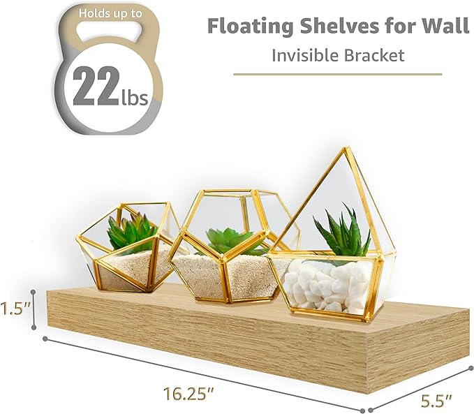Sorbus Floating Shelves for Wall – 16 Inch Floating Shelf for Kitchen, Bedroom, Living Room, Bathroom, Home & Wall Decor - Mounted Bathroom Shelves with Invisible Brackets (Maple Wood, 2 Pack)