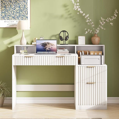 Vabches Fluted Computer Desk with Power Outlets, Home Office Desk with Drawers, Printer Stand, Wood Computer Desk with Long Monitor Stand, White
