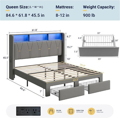 Allewie Queen Bed Frame with 2-Tier Storage Headboard, Charging Station & LED Light, Velvet Upholstered Platform Bed with 2 Drawers, Wingback Headboard, Gold Button Tufted, No Box Spring Needed, Grey
