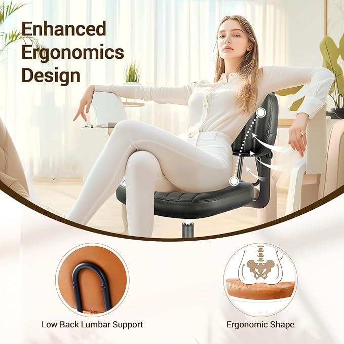 YSSOA Home Office Chair Desk Chair with Low Back and Wheels PU Leather Computer Chair Ergonomic Adjustable Height Comfy Chair Armless with Swivel Rolling Vanity Chairs for Bedroom Adult Brown