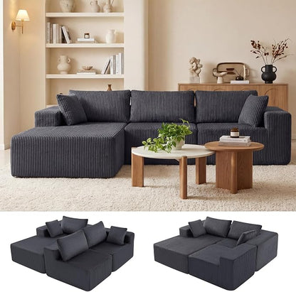 DUMOS 105" L-Shaped Sectional Boneless Couch for Living Room, Upholstered Corduroy Sofa with Deep Seat for Small Apartment, Bedroom, No Assembly in a Box, Left Facing Chaise, Grey
