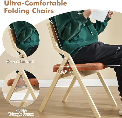 4-Pack Folding Dining Chairs with Cushion,Padded Foldable Dining Chairs,Portable Wooden Folding Chairs with Tufted Buttons Seat for Dining Rooms Kitchen Wedding and Party Indoor Orange