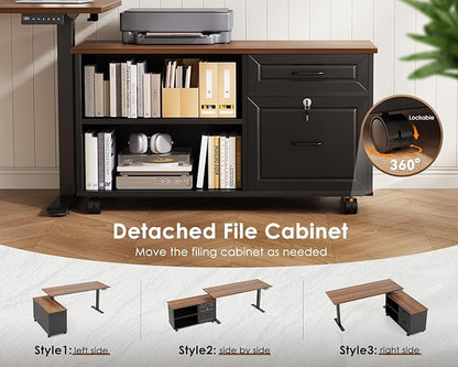 OffiGo 48 Inch L Shaped Electric Standing Desk with Drawers & File Cabinet Sets, Executive Sit Stand Desk, Height Adjustable Computer Desk for Home Office, Writing, Workstation, Walnut+Black