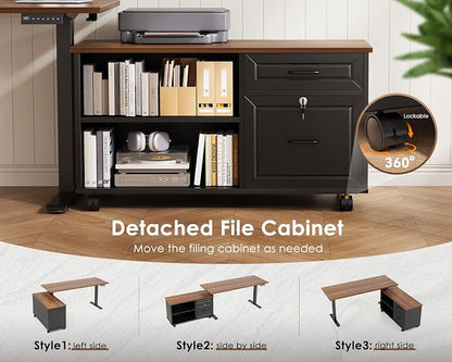 OffiGo 55 Inch L Shaped Electric Standing Desk with Drawers & File Cabinet Sets, Executive Sit Stand Desk, Height Adjustable Computer Desk for Home Office, Writing, Workstation, Walnut+Black