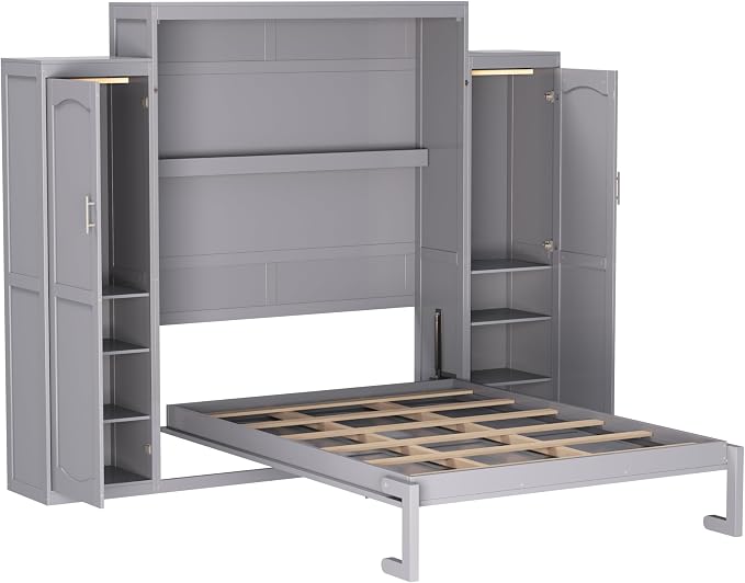 Merax Queen Size Wood Murphy Bed, with 2 Wardrobe and Storage Shelf, Multifunctional Foldable Wall Platform Bedframe for Guest-Room, Bedroom, Gray