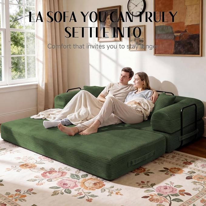 78.8" Memory Foam Boneless Couch, Corduroy Floor Sofa Bed, Convertible Sleeper Futon Loveseat, Wide Armrests & Back Support, Supports Up to 1200 lbs,Forest Green Couch in a Box with 2 Pillows