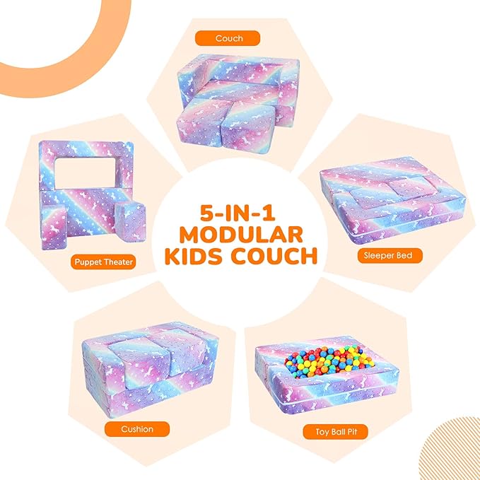 MeMoreCool Glow in the Dark Kids Couch – Modular Fold-Out Toddler Sofa (Rainbow) | Convertible Play Couch for Bedroom & Playroom; Chair, Bed, Fort or Ball Pit; Machine-Washable Velour Cover