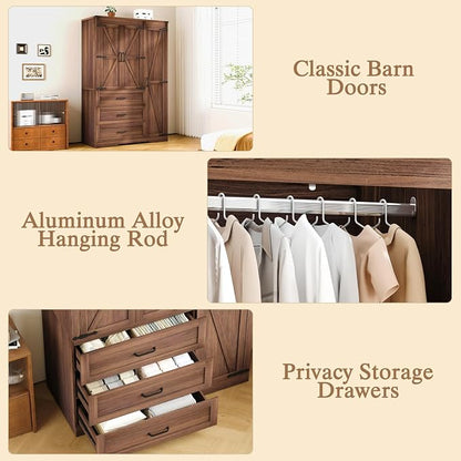 70" Tall Wardrobe Closet with 3 Doors & 3 Drawers, Farmhouse Armoire with Hanging Rod, Wooden Armoire Wardrobe Closet for Bedroom, Freestanding Clothing Storage Cabinet, Brown