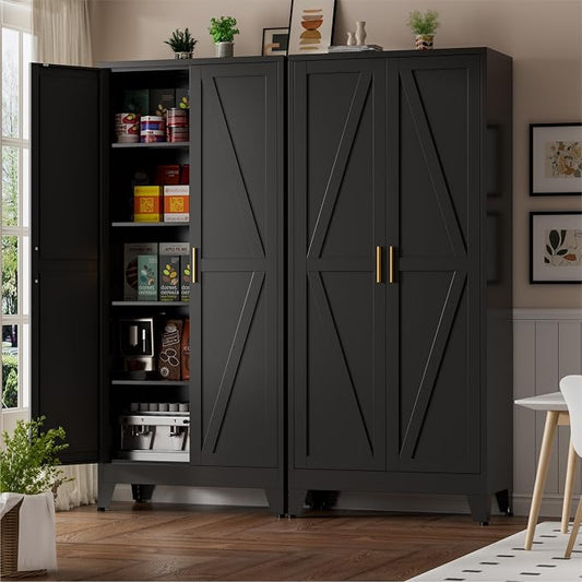 Metal Kitchen Pantry Cabinet,71" Black Farmhouse Storage Cabinet with 2 Vintage Barn Doors and 4 Adjustable Shelves, Rustic Freestanding Cupboard for Kitchen,Home Office Living Room,Dining Room