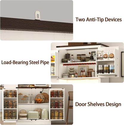 72" Tall Farmhouse Kitchen Pantry Cabinet with LED Light and Power Outlet,Modern Farmhouse Kitchen Storage Cabinet w Load-Bearing Steel Pipe,Barn Doors, Organizer,Food Pantry Cabinets(White)