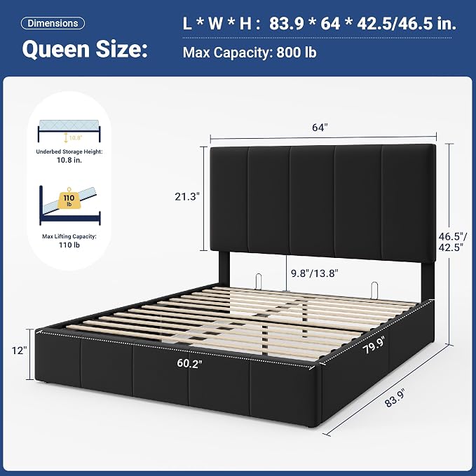 Allewie Queen Size Velvet Lift Up Storage Bed Frame, Vertical Channel Tufted Headboard, Hydrualic Underneath Storage, Upholstered Platform Bed, Wooden Slats Support, No Box Spring Needed, Black