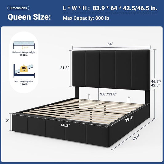 Allewie Queen Size Velvet Lift Up Storage Bed Frame, Vertical Channel Tufted Headboard, Hydrualic Underneath Storage, Upholstered Platform Bed, Wooden Slats Support, No Box Spring Needed, Black