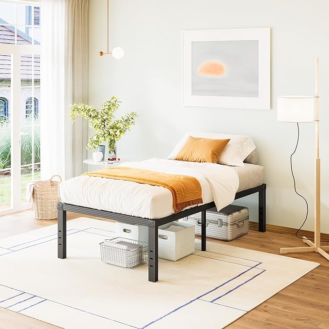 FSCHOS 18 Inch Metal-Bed-Frame Twin-XL/No Box Spring Needed/Reinforced Steel Slats Support/Heavy Duty Mattress Foundation/Easy Assembly/Noise Free/Black