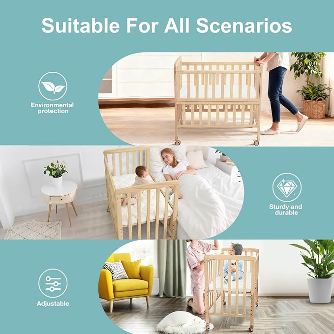 Flwrgirl Mini Baby Crib with Mattress,Portable Bedside Bassinet Sleeper,6 Adjustable Heights,Wood Nursery Crib with Locking Wheels,Compact Baby Bed for Newborns Infants,Unpainted