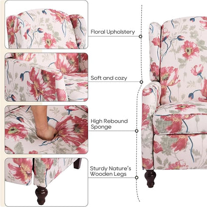 Upholstered Wingback Recliner Chair, Mid Century Modern Manual Push Back Recliner for Living Room, Bedroom (2, Red Floral)