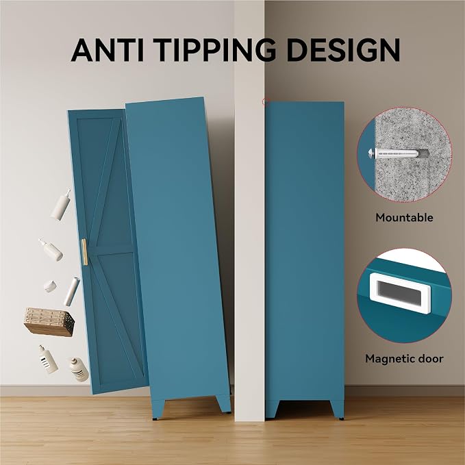 71" Tall Metal Armoire Wardrobe Closet with Removable Hanging Rod and Adjustable Shelves,Blue