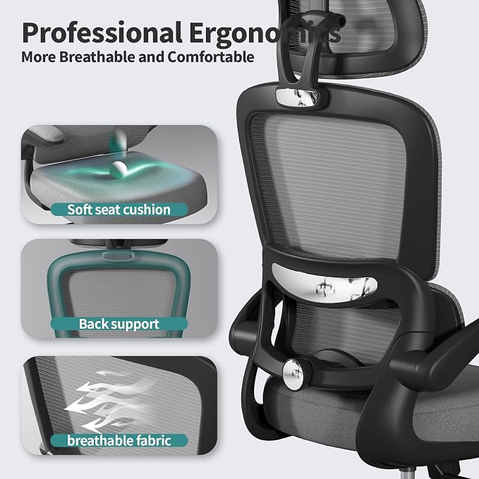 TRALT Office Chair Ergonomic Desk Chair, 330 LBS Home Mesh Office Desk Chairs with Wheels, Comfortable Gaming Chairs (1, Black Grey)