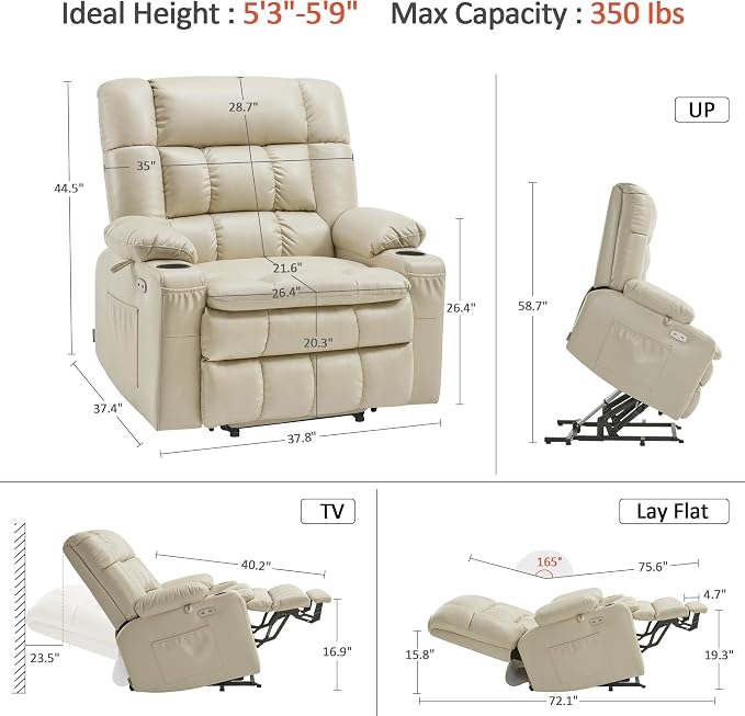MCombo Extra Wide Dual Motor Power Lift Recliner Chair for Elderly, Zero Gravity Lift Chair with Heat and Massage, Infinite Position Recliners, USB Ports, Faux Leather R7897 (Cream White, Medium-Wide)