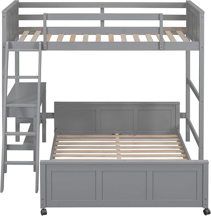 Ball & Cast Twin Over Full Bunk Bed with Safty Guardrail & Stairway,Heavy Duty Wood Loft Bedframe W/Desk & Drawers,Easy Assembly,Versatile Functional Bedroom Furniture Set for Boy Girl Teens,Gray
