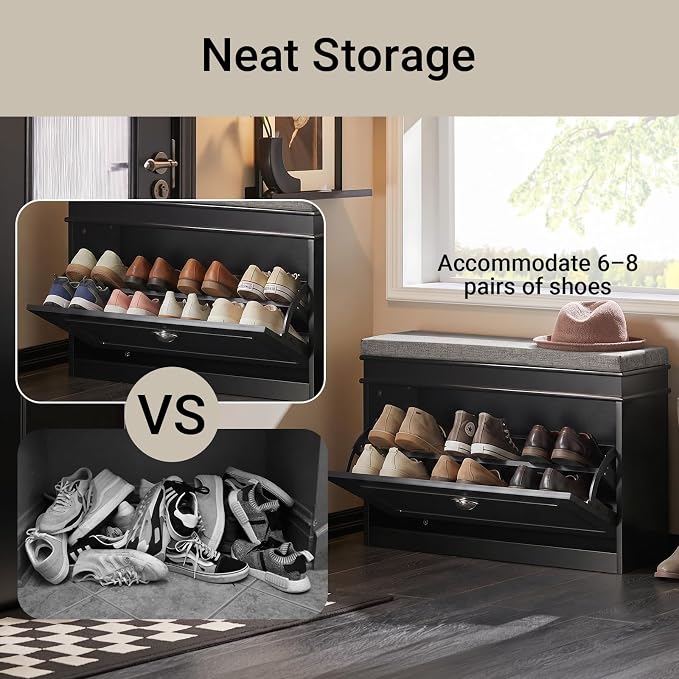 Haotian Shoe Storage Bench with Cushion, Black Narrow Shoe Rack for Entryway, Small Shoe Cabinet with Flip-Drawer, Closet Hallway Mudroom FSR82-L-SCH