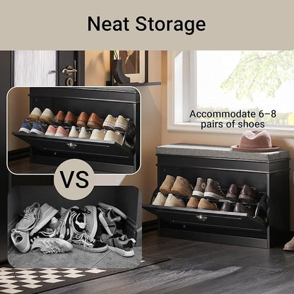 Haotian Shoe Storage Bench with Cushion, Black Narrow Shoe Rack for Entryway, Small Shoe Cabinet with Flip-Drawer, Closet Hallway Mudroom FSR82-L-SCH