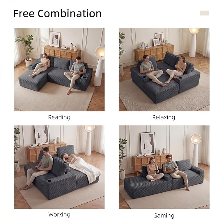 104" L Shaped Boneless Sectional Couches for Living Room, Comfy Corduroy Floor Cloud Sofa with Chaise and Cup Holder, Wide Armrest, Deep Seat, Assembly Free, Ideal for Small Spaces, Grey