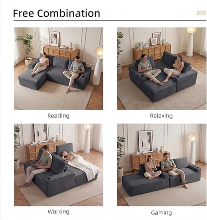 104" L Shaped Boneless Sectional Couches for Living Room, Comfy Corduroy Floor Cloud Sofa with Chaise and Cup Holder, Wide Armrest, Deep Seat, Assembly Free, Ideal for Small Spaces, Grey