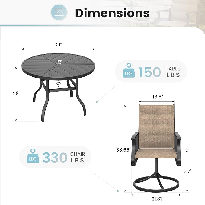 5 Pieces Patio Dining Set, Padded Patio Outdoor Furniture Set of 4 Patio Swivel Dining Chairs and 39" Patio Spliced Round Tabletop with Umbrella Hole, for Deck, Backyard, Poolside & Garden