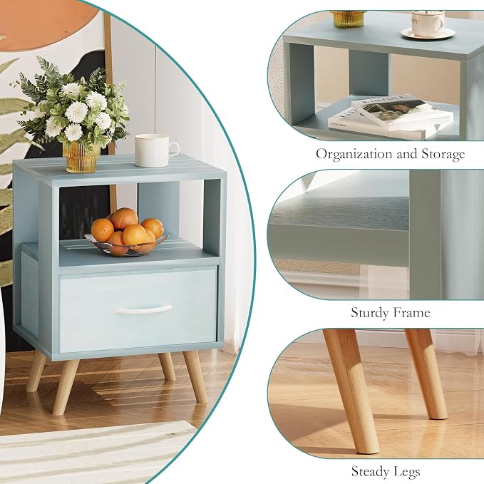 Huhote Kids Nightstand, 2-Tier Night Stand with Drawer, Modern Side Table for Bedroom, Study Room, Small Spaces, Blue