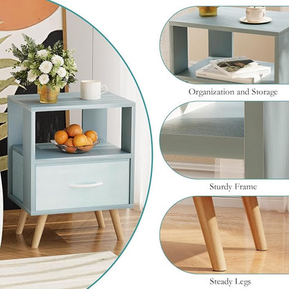 Huhote Kids Nightstand, 2-Tier Night Stand with Drawer, Modern Side Table for Bedroom, Study Room, Small Spaces, Blue