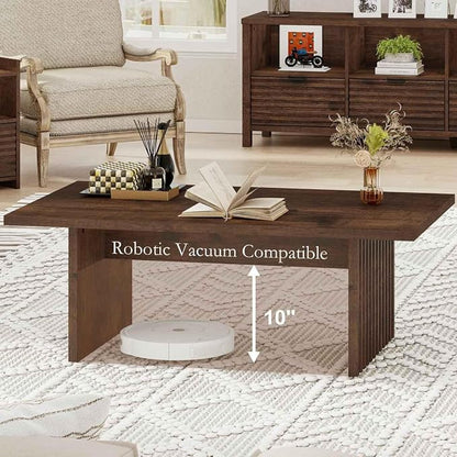 BON AUGURE 47 Inch Coffee Table, Fluted Side Panels Coffee Tables for Living Room, Large Wooden Tabletop Center Table, Farmhouse Living Room Tables for Lounge, Office, Rustic Oak