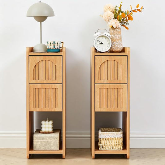 Narrow Nightstand Set of 2, Wooden Small 2 Drawer Nightstand, Slim Side End Table, Skinny Bedside Table, Mid Century Modern Night Stand with Drawers for Bedroom (Yellowish Natural)