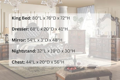 First of a Kind Santa Monica Traditional 5 Piece King Bedroom Set with Upholstered Tufted Headboard Elegant Classic Design Coordinated Furniture Collection, Cherry