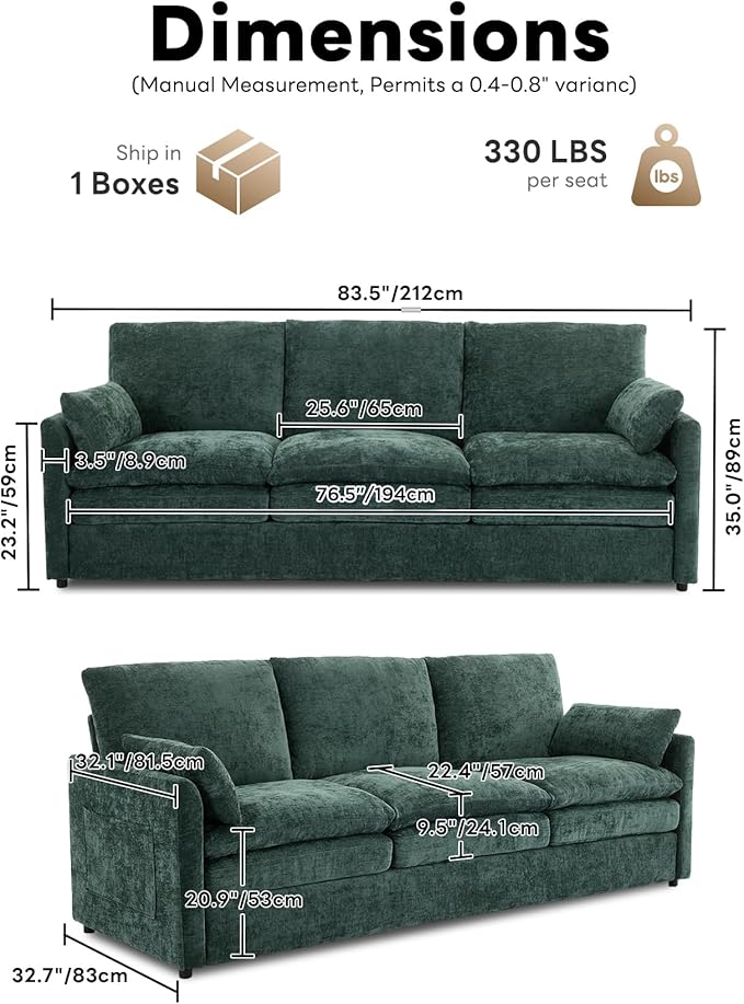 Iroomy 83" Cloud Couch, Chenille Modern Sofa 3 Seater, Comfy Plush Thick Cushions, Pocket Springs, Cloud-Like Comfort Sofas for Small Living Room Apartment, Green
