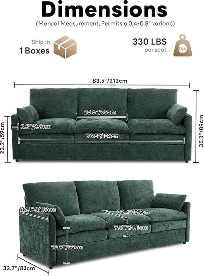 Iroomy 83" Cloud Couch, Chenille Modern Sofa 3 Seater, Comfy Plush Thick Cushions, Pocket Springs, Cloud-Like Comfort Sofas for Small Living Room Apartment, Green