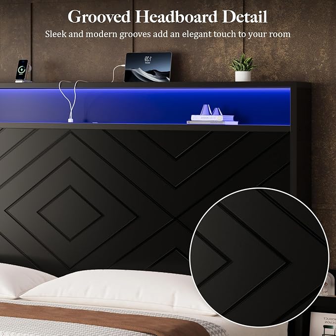 Queen Size Bed Frame with 2 Bedside Stoage Racks & 4 Locking Drawers, 51.2" Tall Headboard with Charging Station & RGB LED Lights, Farmehouse Platform Bed Frame, No Box Spring Needed, Black