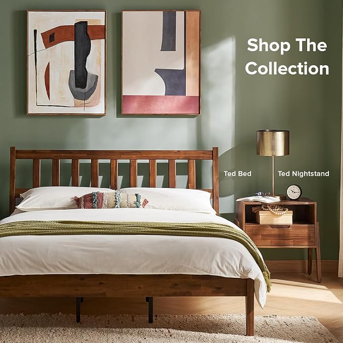 mopio Ted Bed Frame with Headboard, Mid Century Modern Acacia Solid Wood Platform Bed Frame, Wooden Slats, No Box Spring, Double Metal Bar Support (Solid Wood, King (U.S. Standard))