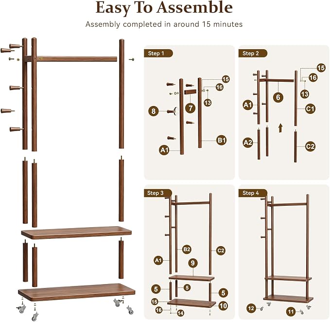 Taitiy Coat Rack Freestanding Clothing Rack with Wheels, Coat Tree Freestanding Heavy Duty with 2 Storage Shelves and 5 Hooks, Wood Garment Rack for Corner Bedroom Hallway Entryway Living Room Hotel