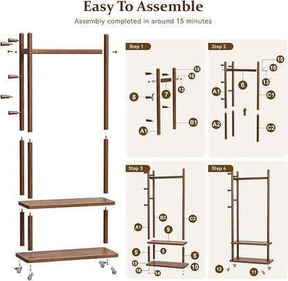 Taitiy Coat Rack Freestanding Clothing Rack with Wheels, Coat Tree Freestanding Heavy Duty with 2 Storage Shelves and 5 Hooks, Wood Garment Rack for Corner Bedroom Hallway Entryway Living Room Hotel