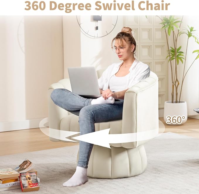 Swivel Accent Barrel Chair Set of 2- Cute Comfy Small Round 360° Arm Chair Velvet Sofa Club Reading Chair for Living Room Bedroom Office Beige