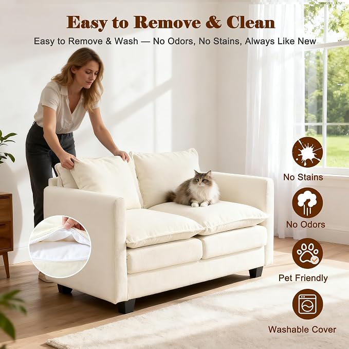 50'' Loveseat Sofa Cloud Sofa Couch, Modern Loveseats 2 Seat Couch 27" Deep Seat with 2 Pillows for Small Spaces Apartment Studio Office Bedroom Living Room, Beige